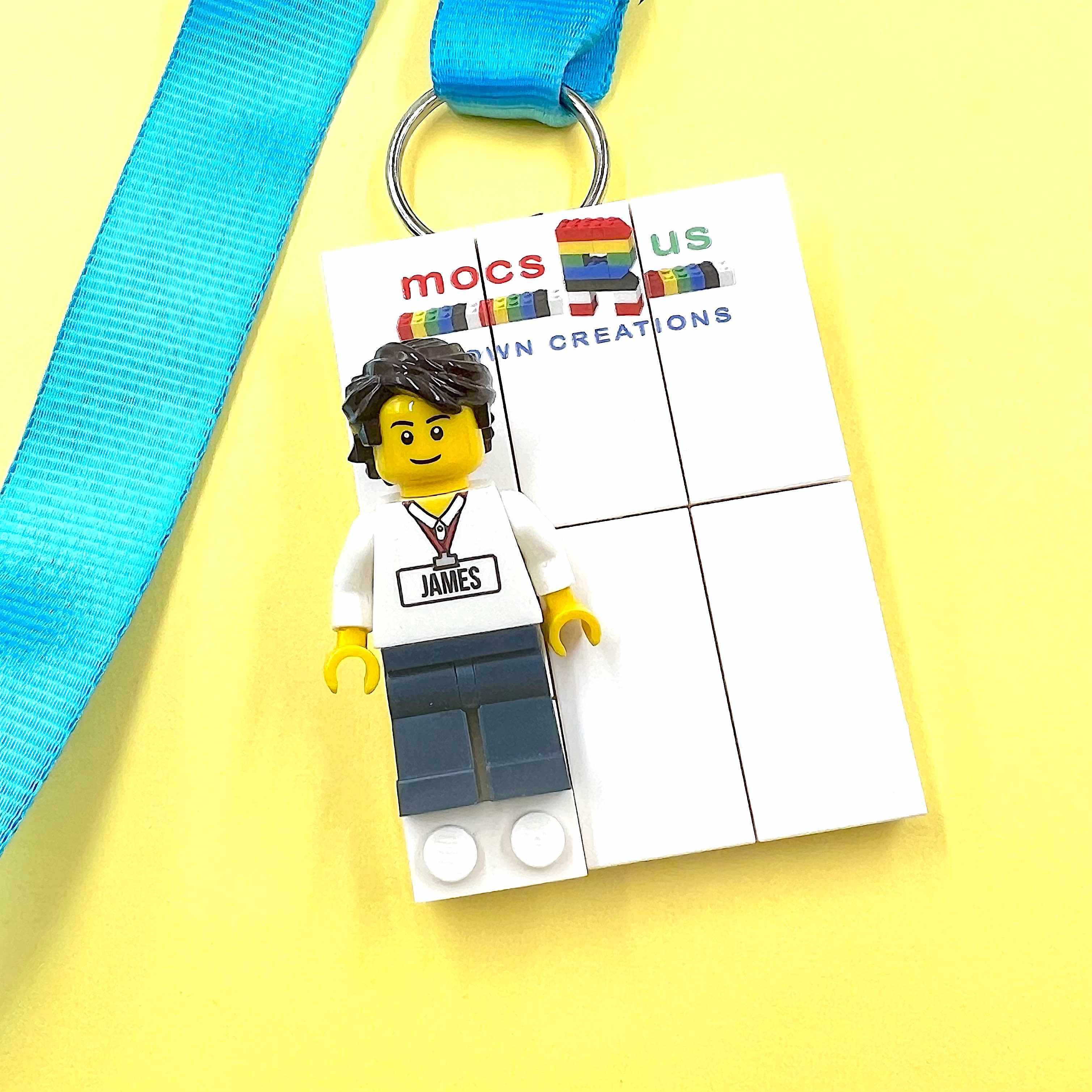 Custom Lego® Name Tag (white) with logo and Custom Lego® Minifigure wi ...